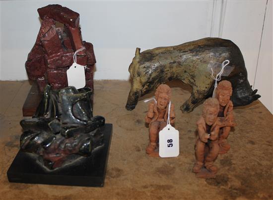 Three pottery musician figures, raku stoneware bull, initialled (a.f) & two glazed ceramic abstract sculptures